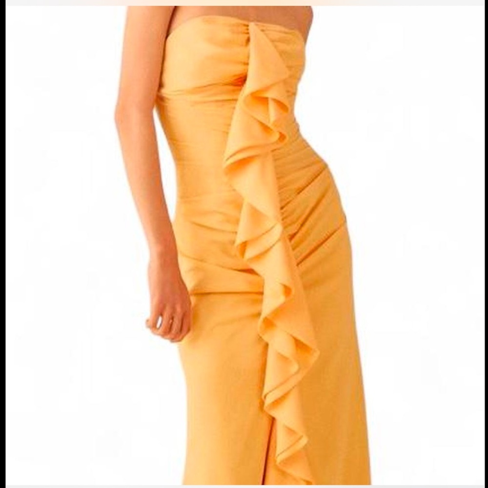 C/MEO Collective Strapless Midi Dress in Vibrant Orange
